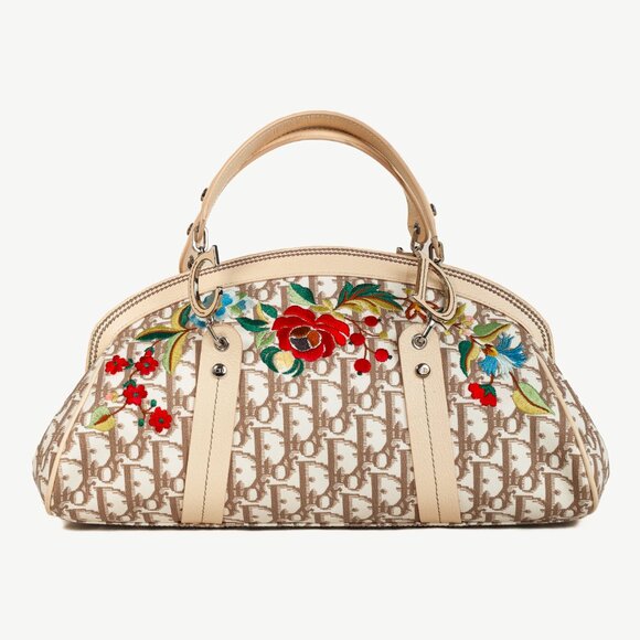 Christian Dior Vintage Flowers Beige Monogram Canvas Embroidered Frame Bag - Picture 1 of 14